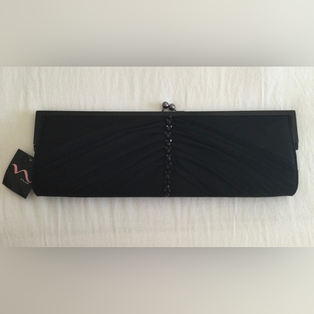 NWT Nina Large Black Satin Clutch with Ruching & Beads